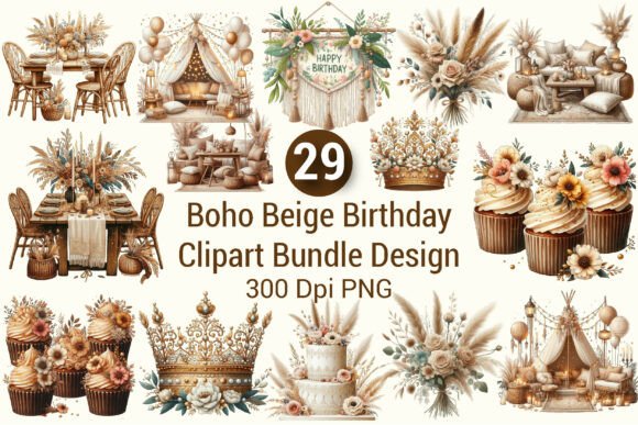 Download Boho Beige Birthday Clipart Bundle PNG - Png Collection