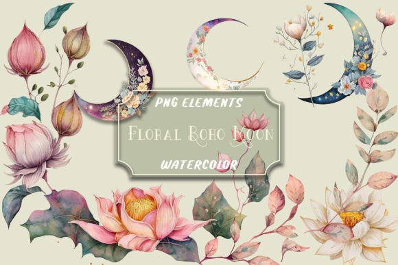 Download Watercolor Floral Boho Moon Clip Art Png - Png Collection