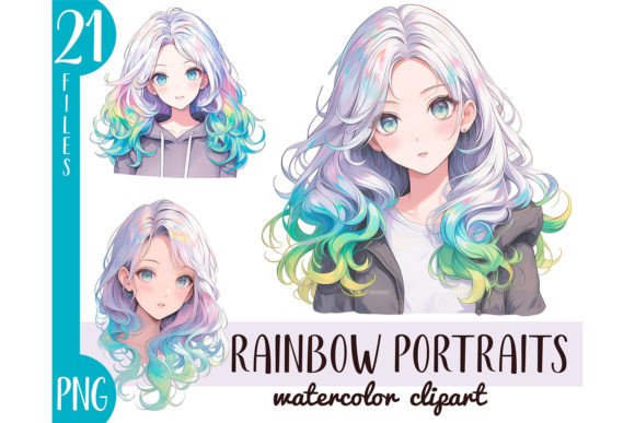 Download Watercolor Rainbow Hair Girl Anime PNG - Png Collection