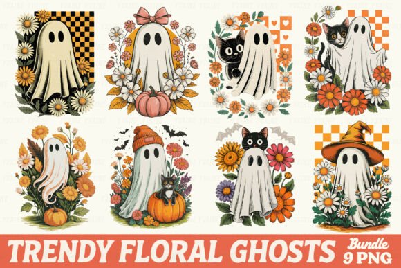 Download Retro Floral Ghosts Halloween Bundle PNG - Png Collection
