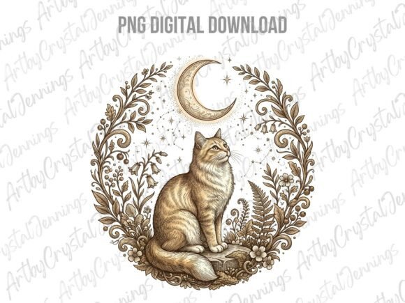 Download Boho Celestial Cat Moon Floral PNG - Png Collection
