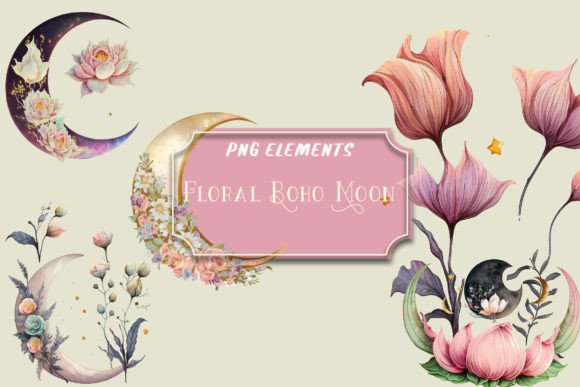 Download Watercolor Floral Boho Moon Clip Art Png - Png Collection