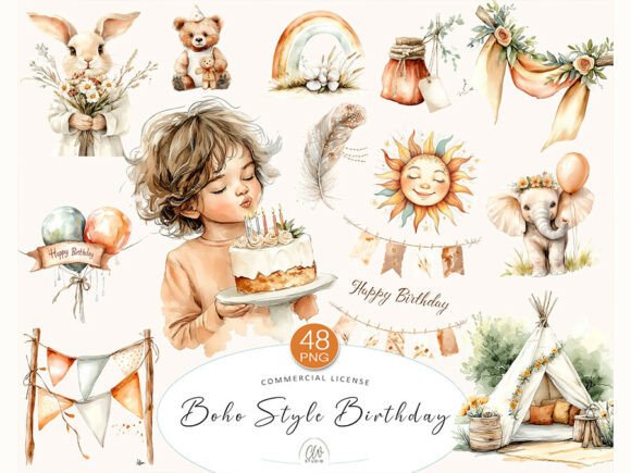 Download 48 Boho Birthday Clipart PNG Set - Png Collection